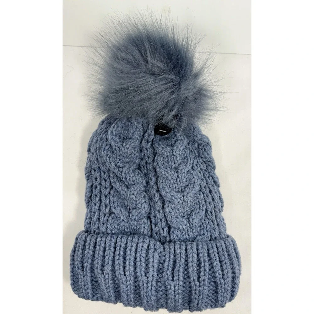 Time and Tru‎ Cable Knit Beanie Winter Hat Faux Fur Pom Blue One Size New